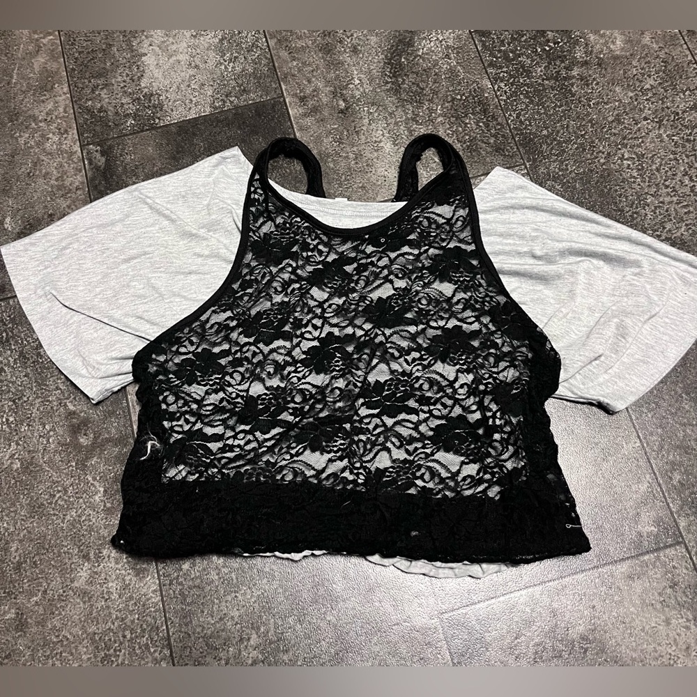 Totally 80’s Grey Off the Shoulder Top with Black Lace Overlay Tank